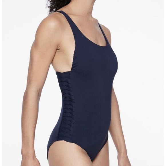 Athleta Adriata Womens Sz S One Piece Swimsuit Navy Blue Woven Panel Round Neck - Picture 1 of 15